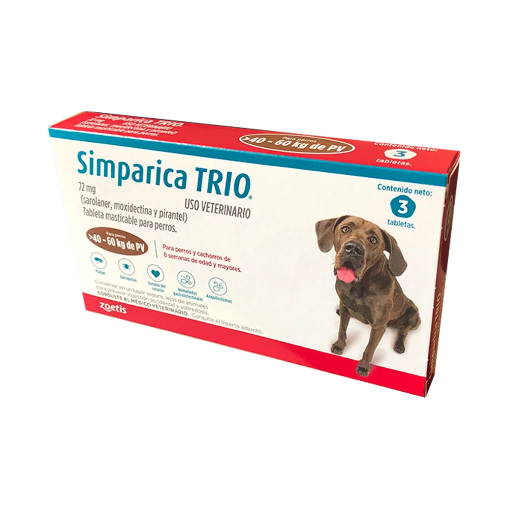 Caja blanca rectangular con una franja rojiza en la base y una calipso en la parte superior y un perro marrón de raza grande en la portada del antiparasitario para perros Simparica TRIO 40 a 60 kg de peso.