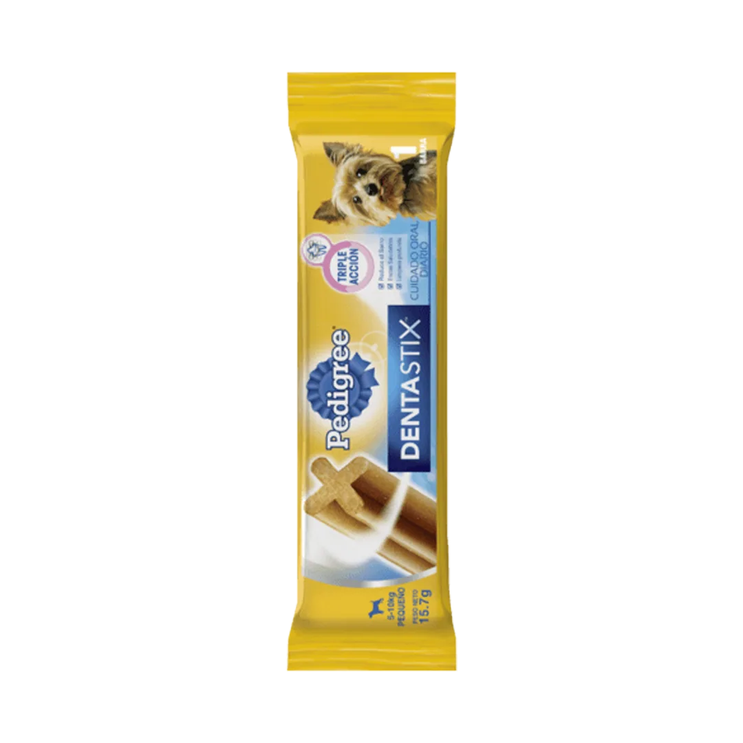 Imagen de snack dental Pedigree Dentastix sabor pollo para razas pequeñas en su presentación de 15,7 gramos. Bolsa amarilla con detalles celestes.