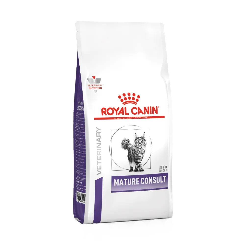 Bolsa blanca con detalles morados para gatos maduros de Royal Canin Gatos Mature Consult Stage 1