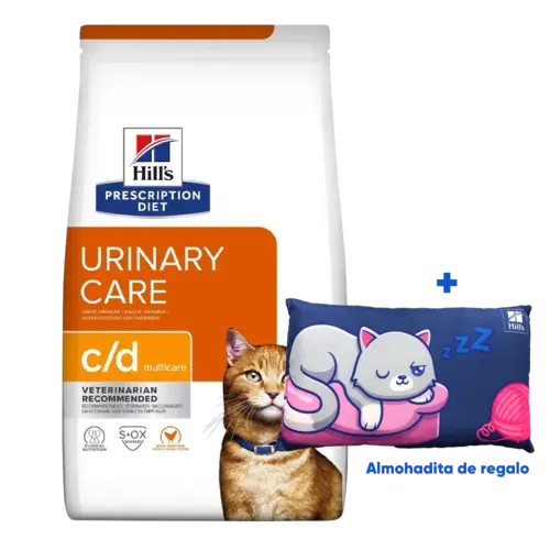 Bolsa de alimento Hill's Prescription Diet Feline c/d Multicare para gatos con problemas urinarios, la bolsa es blanca con detalles anaranjados en tonos claros y oscuros y un gato naranja con un collar azul en la parte derecha inferior