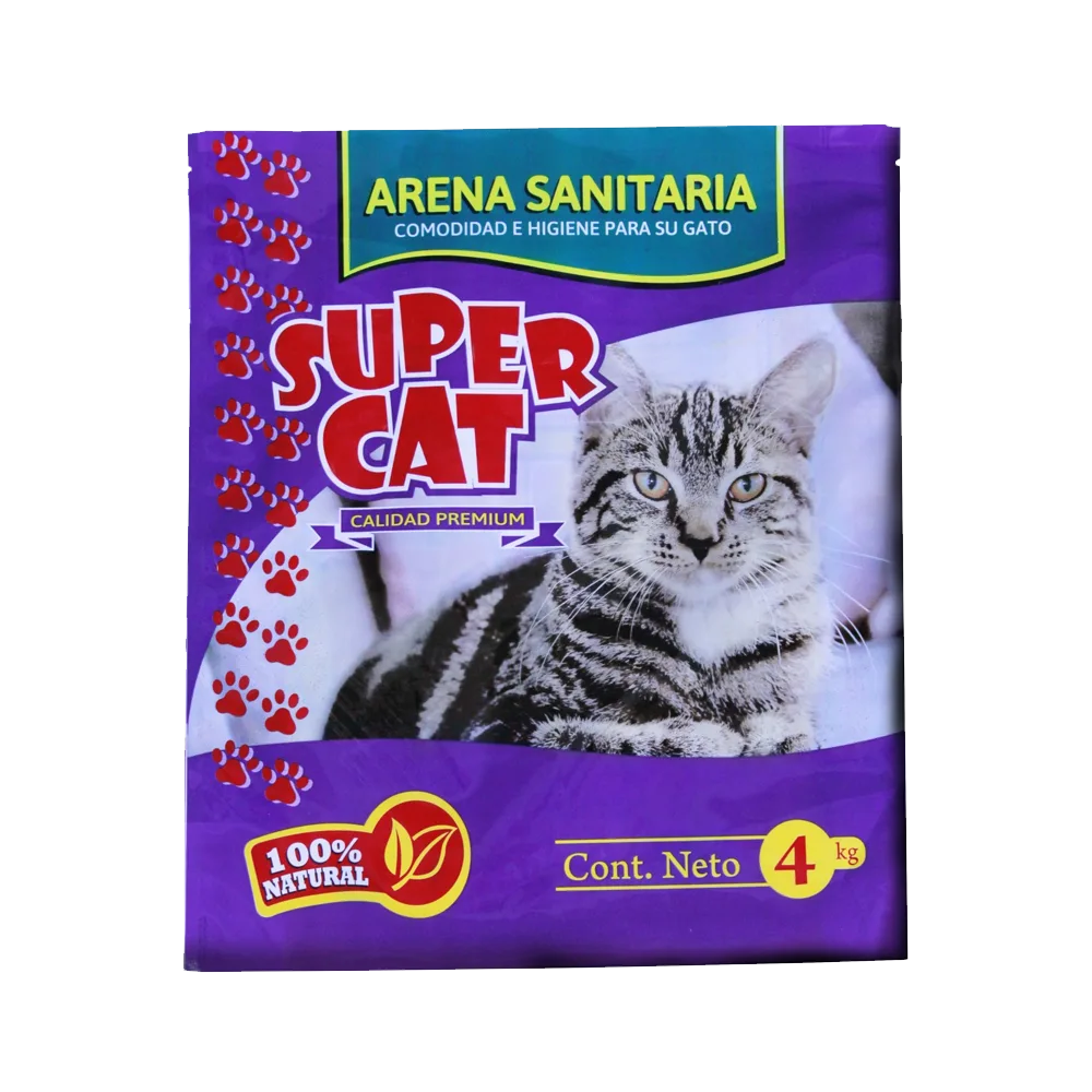 Imagen de empaque de Arena Sanitaria Supercat para gatos, empaque morado con la imagen de un gato gris en la etiqueta frontal en su presentación de 4 kg 