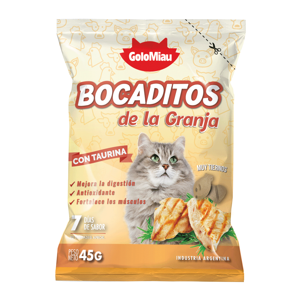 Paquete color anaranjado con la foto de un gato de Snacks Bocaditos para gatos sabor bocaditos de la granja