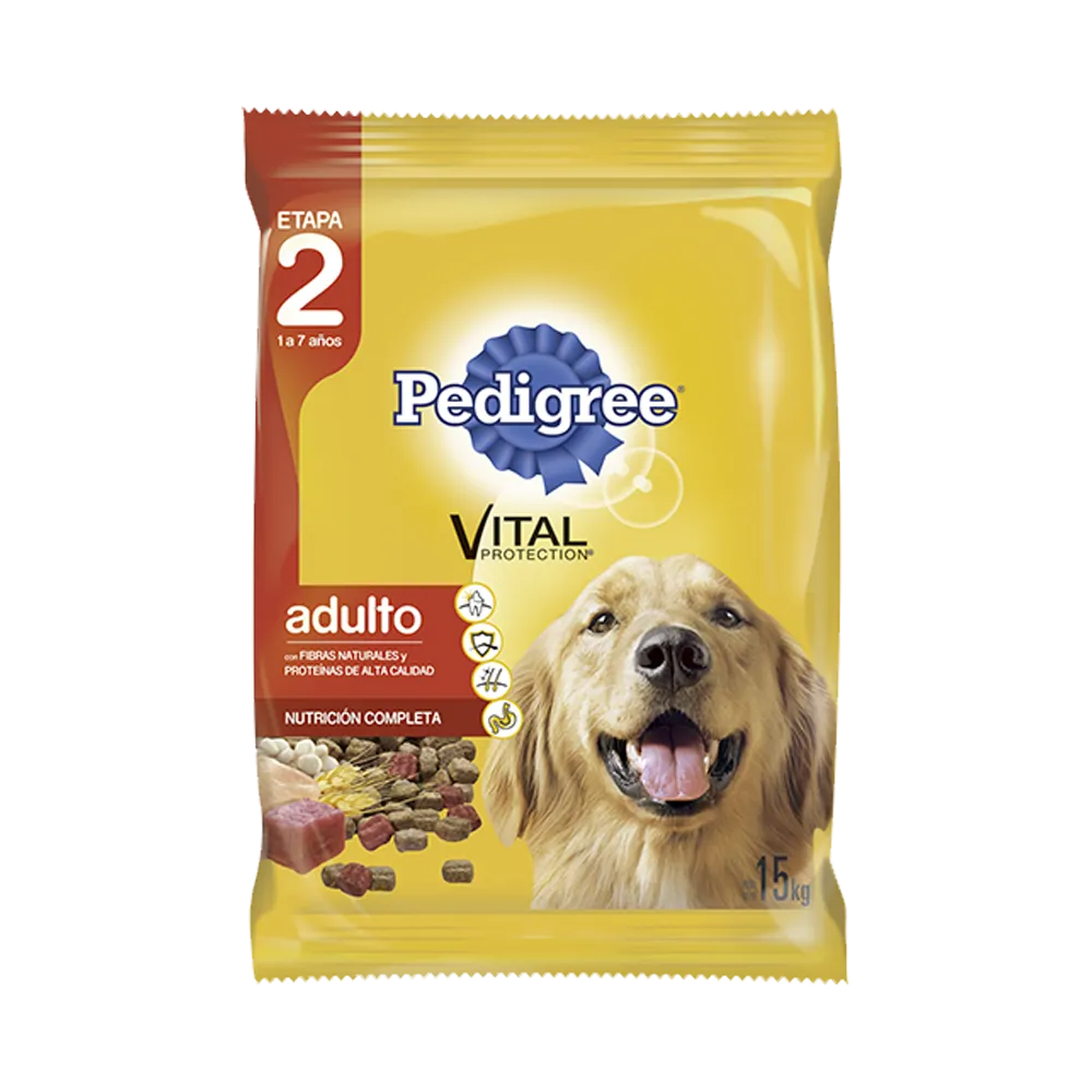 Bolsa de alimento Pedigree para perros Adultos en su presentación de 15kg. Es de color amarillo con detalles rojos y tiene una imagen de un labrador