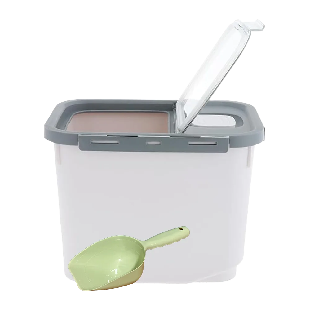 Cubo Contenedor de Croquetas color blanco, tiene una tapa gris y una puerta de solapa transparente. Viene con una palita color verde limón.