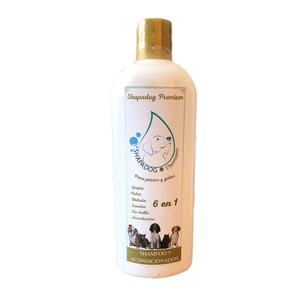 Botella blanca de Shampoo Premium Shapadog para masoctas hecho a base de aceite de coco y miel