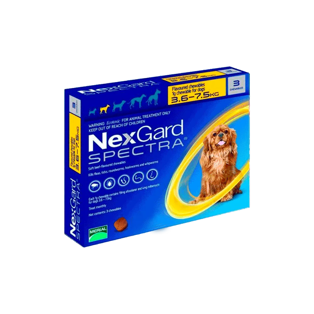 Caja pequeña color azul con detalles amarillos de Nexgard Spectra de 3,6 a 7,5 kg para combatir parásitos internos y externos