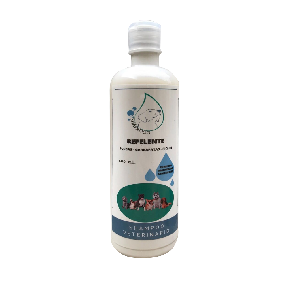 Botella blanca de Shampoo Antipulgas y Garrapatas Shapadog para perros