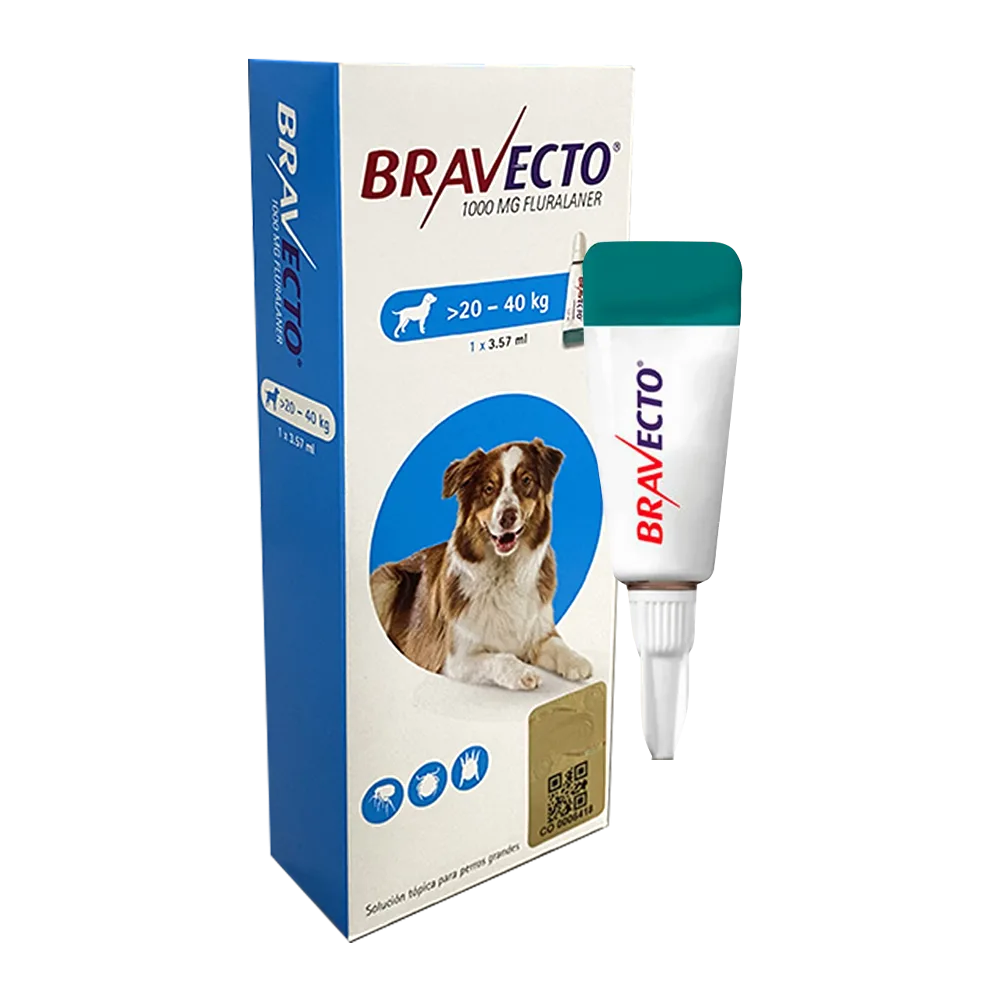 Caja blanca con detalles azules y un perro en el centro, además hay una pipeta blanca con verde a lado de la caja. Es el producto Bravecto Spot On Perros 20 a 40 kg una solución tópica para las infestaciones de pulgas y garrapatas en perros