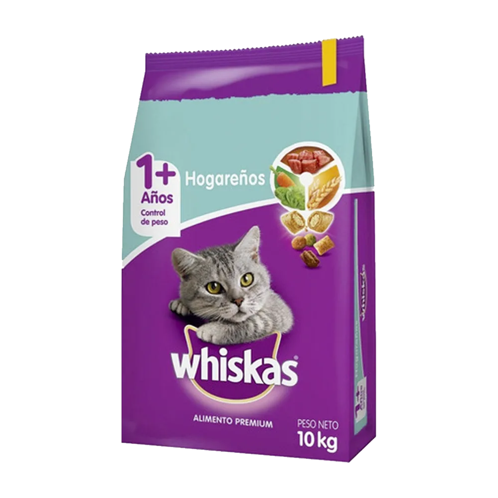 Bolsa de alimento para gato Whiskas Adulto Hogareño en su presentación de 10 kilos. Color violeta con detalles verdes claro