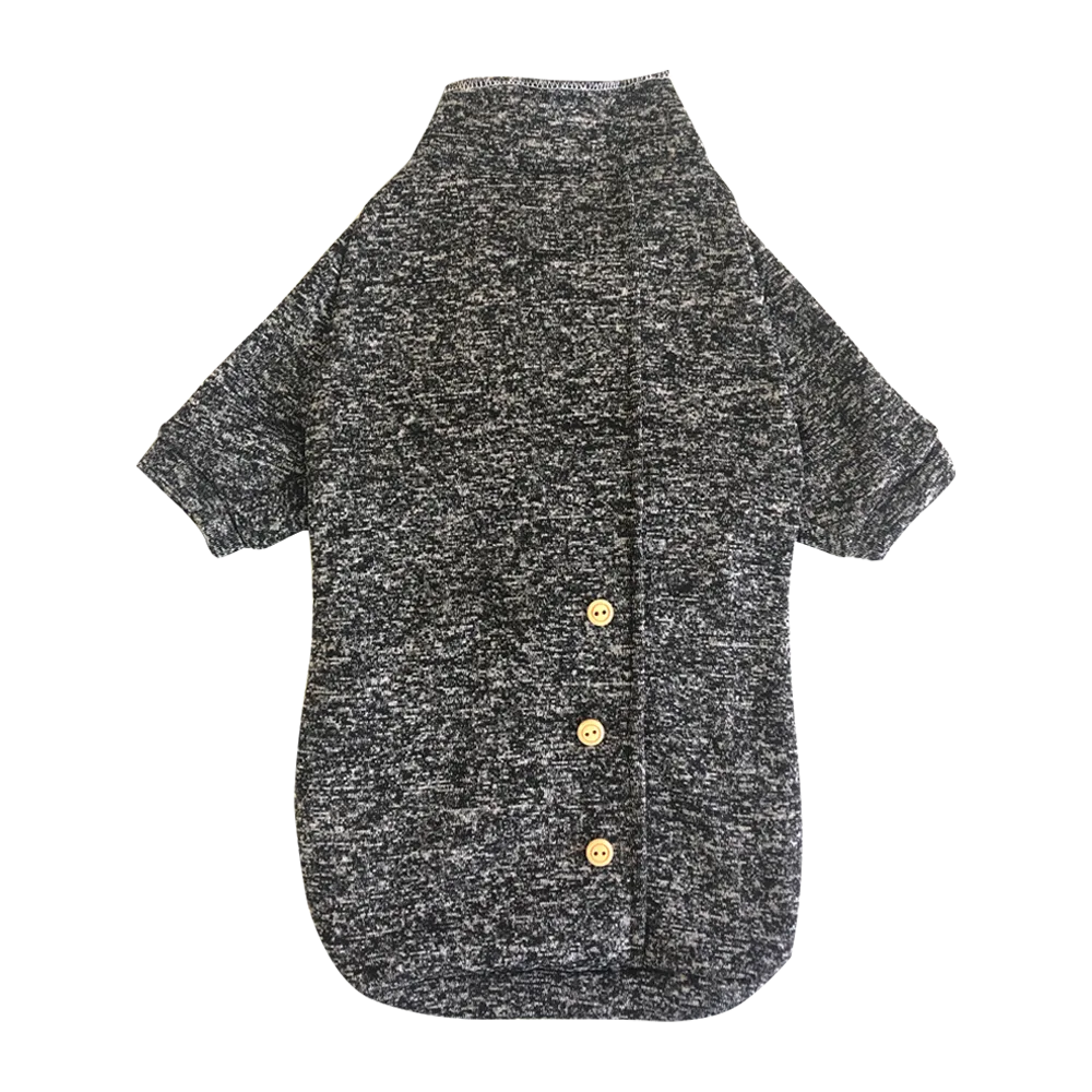 Imagen de prenda abrigada de vestir para mascotas Chompa Gris Oscuro con un dobles en el lomo y 3 botones color madera