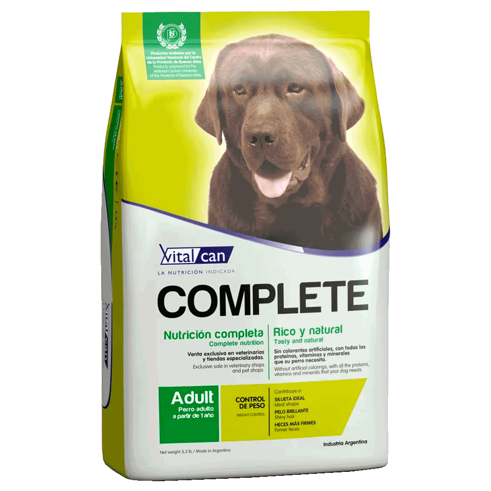 Bolsa blanca con amarillo de alimento Vital Can Complete Perro Adulto Control de Peso