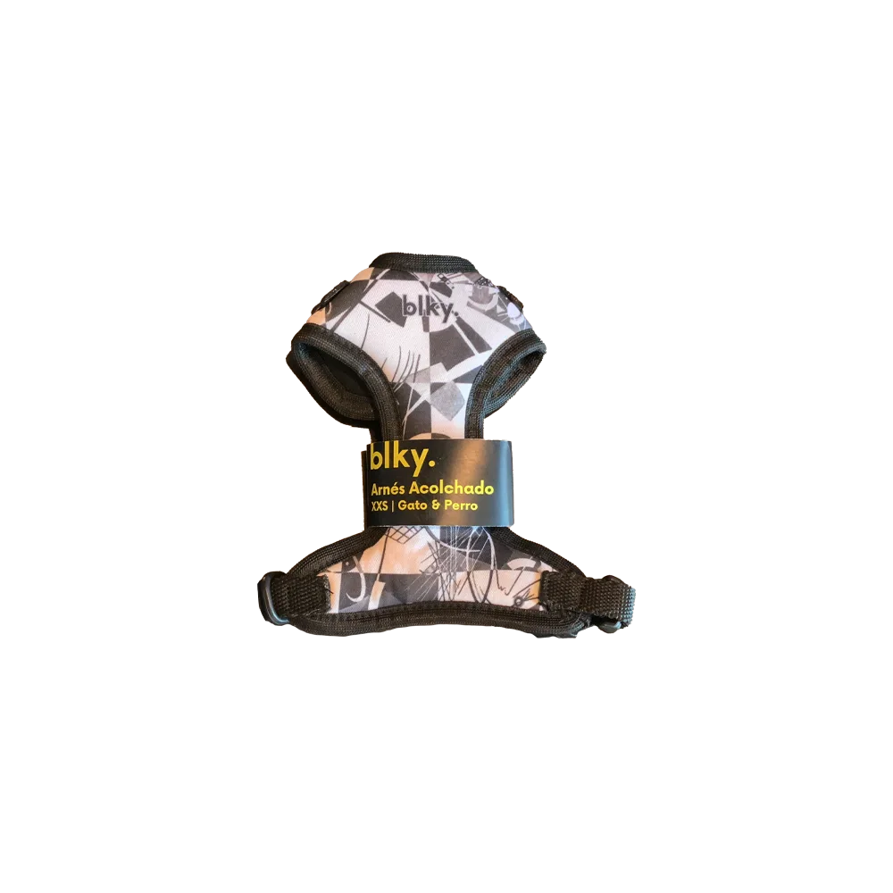 Pechera Arnés Blky Talla XXS con estampado Vasili para perros y gatos con un estampado de fondo blanco con motivos geométricos de color negro