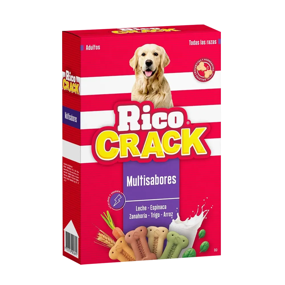 Paquete de Snacks Multisabores para Cachorro Ricocrack. Es de color rojo con detalles blancos y violeta. Tiene la imagen de un perro labrador en la parte superior