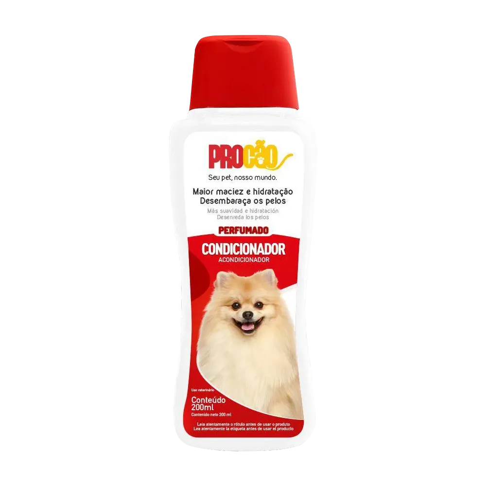 Frasco blanco con etiqueta roja, tapa roja y un perro pomeranian en la portada, es el Acondicionador Procao para perros y gatos.