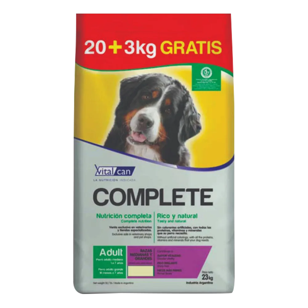 Bolsa blanca y amarilla de alimento Vital Can Complete Perro Adulto Raza Mediana y Grande más 3 kg 