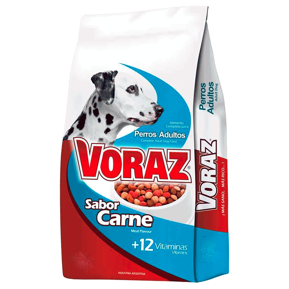 Bolsa blanca con detalles celestes y rojos de Voraz Adulto alimento para perros adultos
