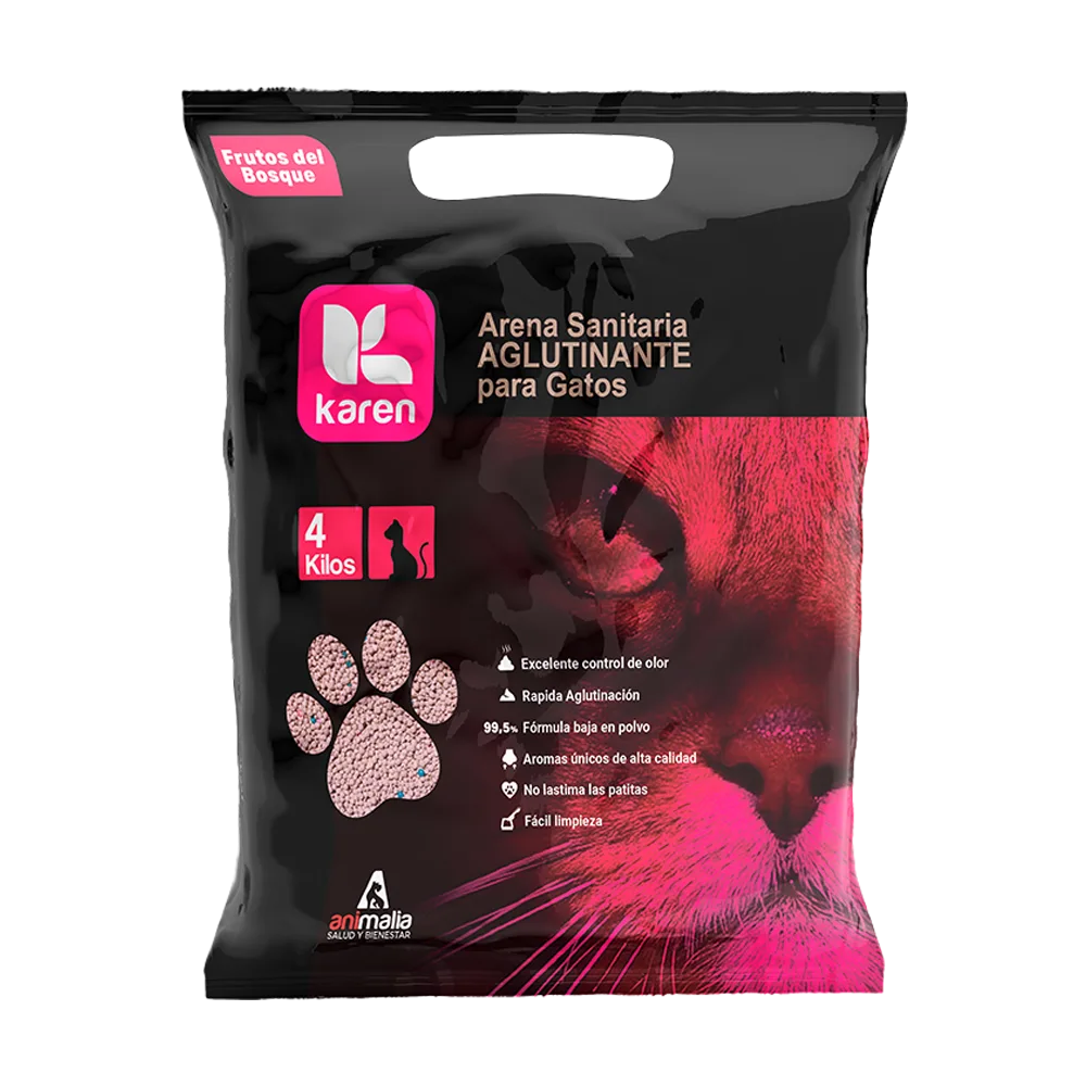 Bolsa negra con detalles rosados y la silueta de un gato en la parte derecha inferior en el mismo color, es la Arena Sanitaria Karen para gatos en aroma Frutos del Bosque