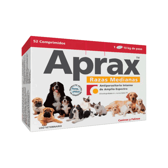 Caja blanca con detalles rojos de antiparasitario interno de Aprax Raza Mediana para perros y gatos 