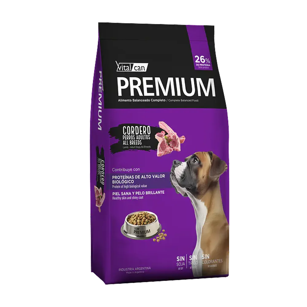 Bolsa morada de alimento para perros Premium Perro Adulto Cordero para toda raza