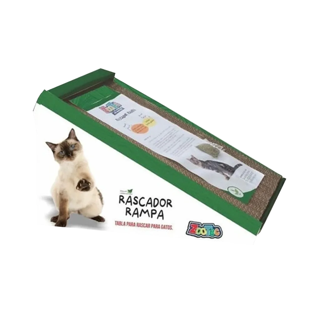 Imagen del Rascado Rampa de la marca Zootec, es un rascador hecho 100% de cartón, sus laterales son color blanco con detalles verdes y tiene la imagen de un gato siamés.
