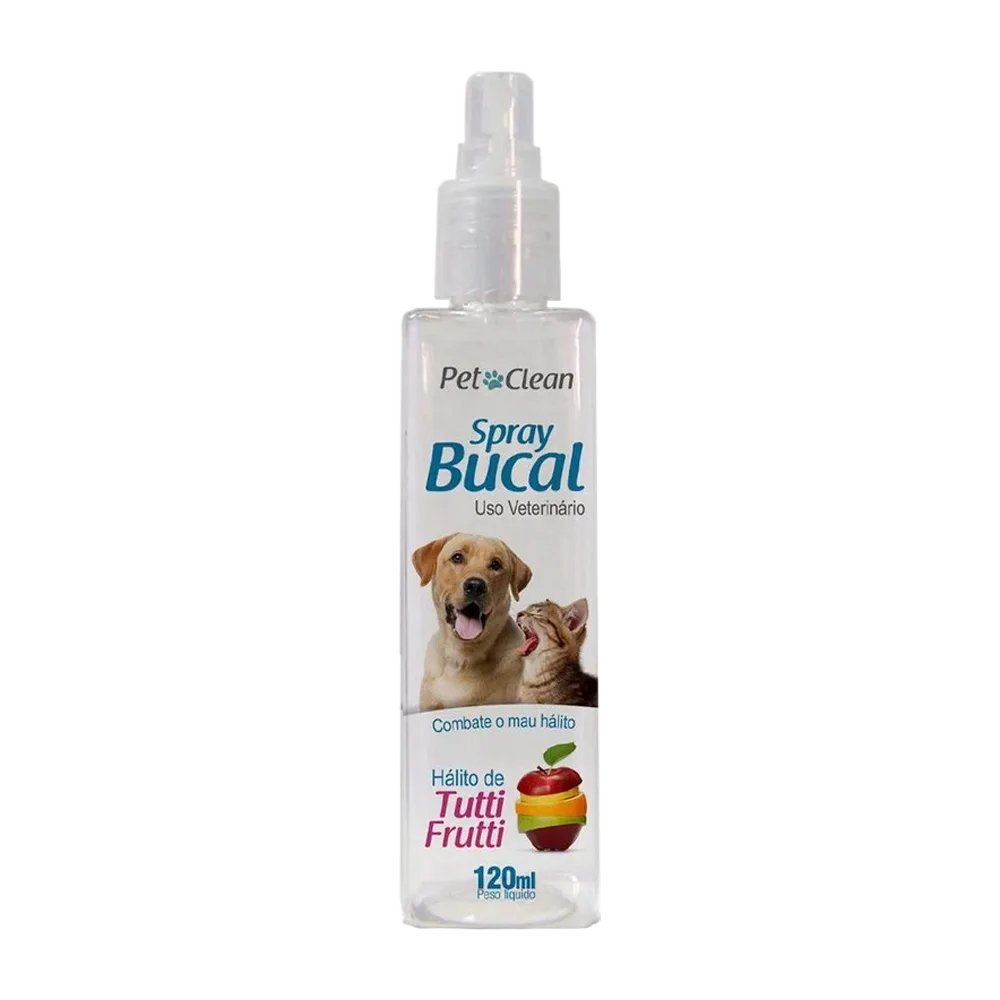 Frasco color blanco con detalles celestes, un gato y un perro con la boca abierta en la portada de Spray Bucal Pet Clean