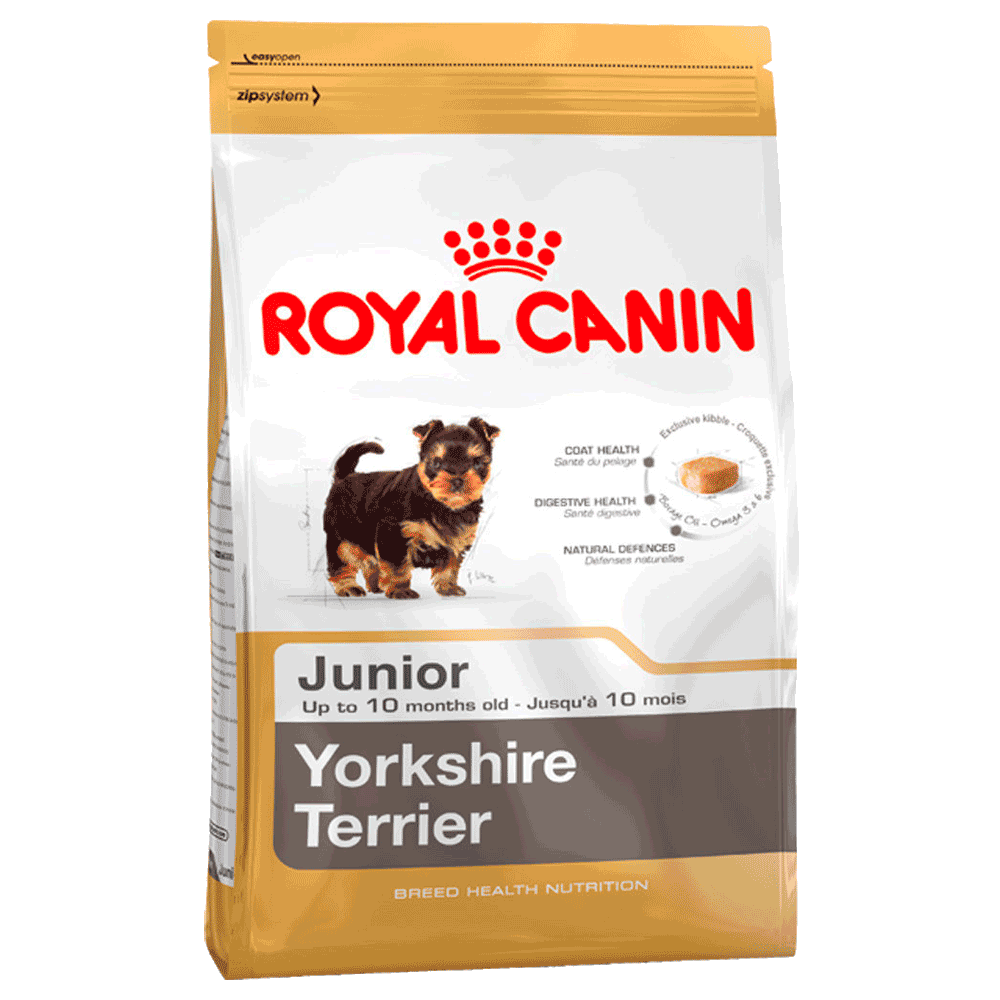 Bolsa blanca con detalles dorados de alimento Royal Canin Yorkshire Terrier Junior para perros yorkie cachorros