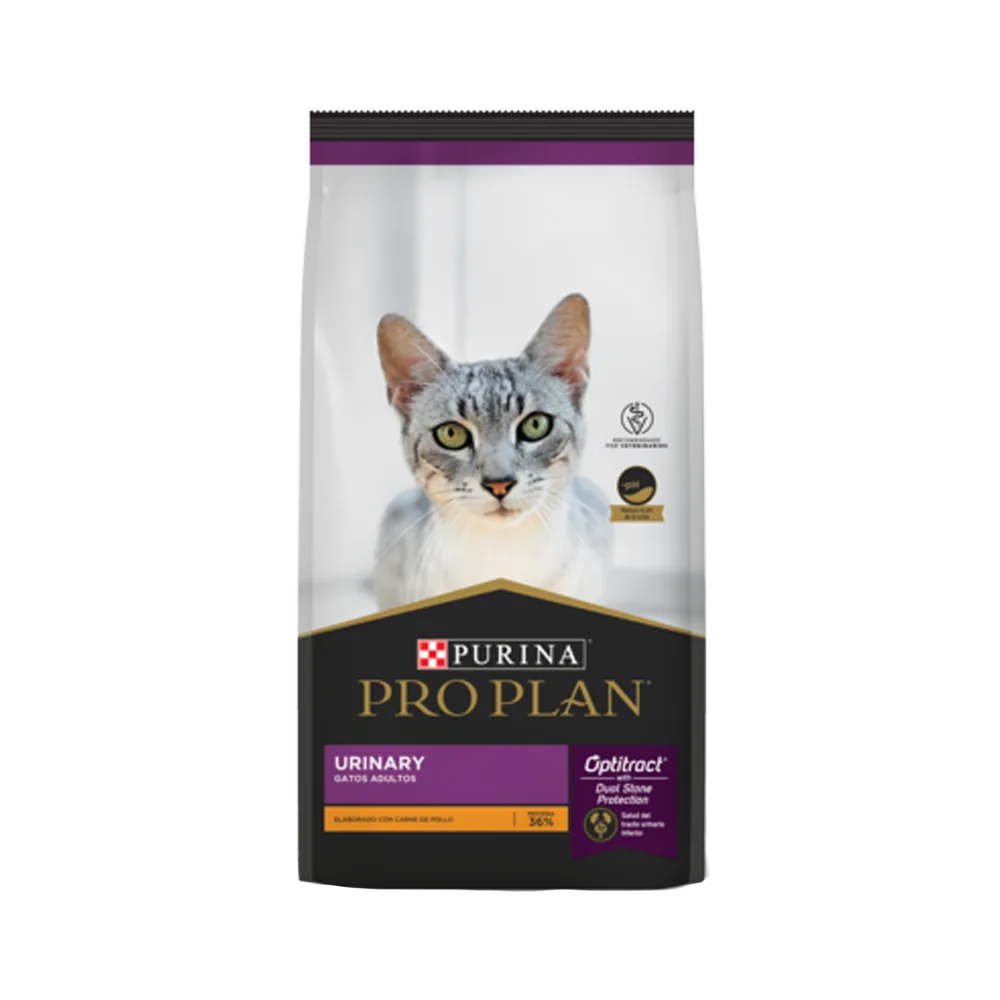 Bolsa gris con detalles violetas de Pro Plan Gato Urinary para gatos con problemas urinarios