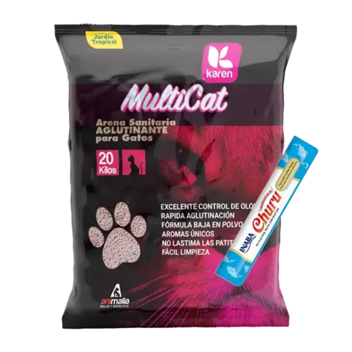 Bolsa negra con detalles rosados y la silueta de un gato en la parte derecha inferior en el mismo color, es la Arena Sanitaria Karen para gatos en aroma Jardín Tropical 