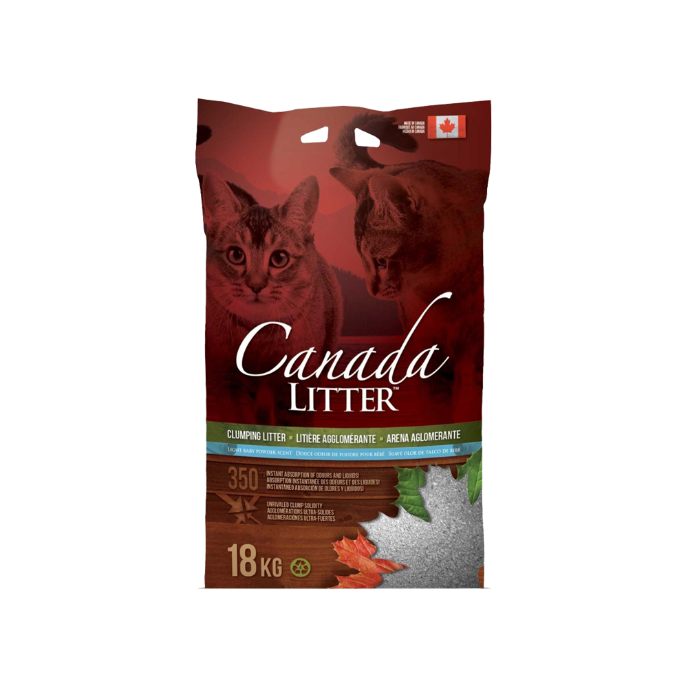 Bolsa roja con detalles verdes y celestes de Canada Litter Arena Sanitaria Talco de Bebé de arena para gatos 