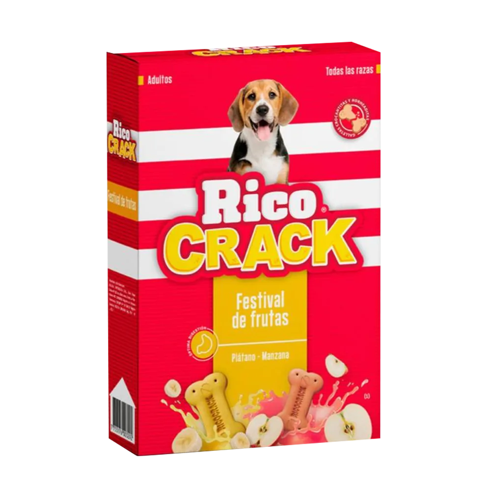 Empaque de snack Ricocrack Festival de Frutas. Es de color rojo con detalles blancos y amarillos. Tiene la imagen de un perro de raza Beagle en la parte superior