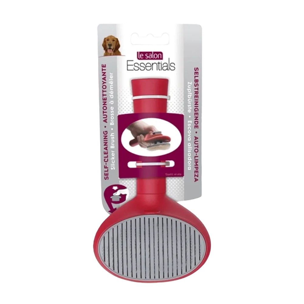 Imagen de Cepillo Autolimpiable Le Salon Essentials en color rojo con cerdas metálicas y fondo color gris, en su empaque original. 