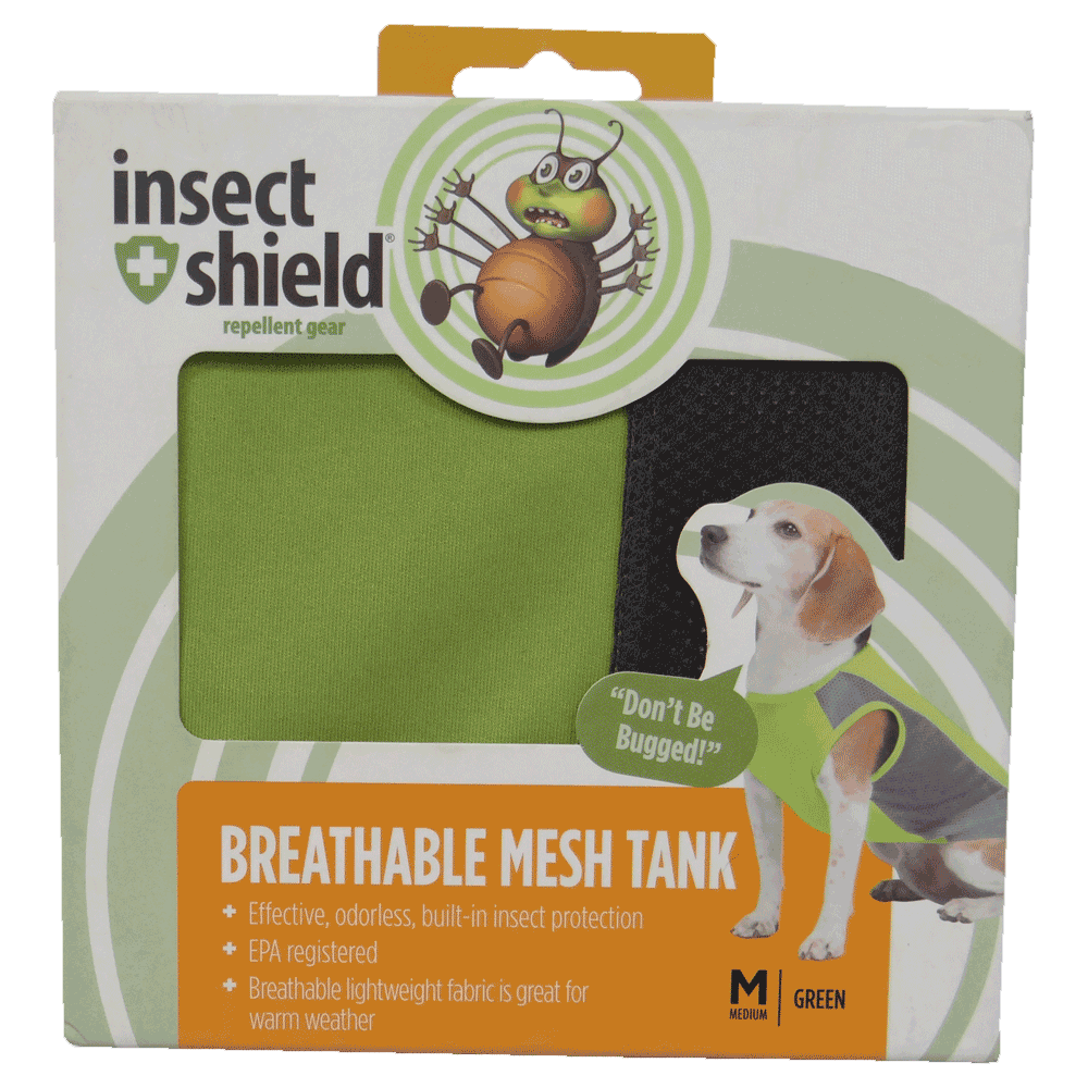 Caja de Camiseta Repelente Para Perros Verde Insect Shield en su empaque original talla mediana