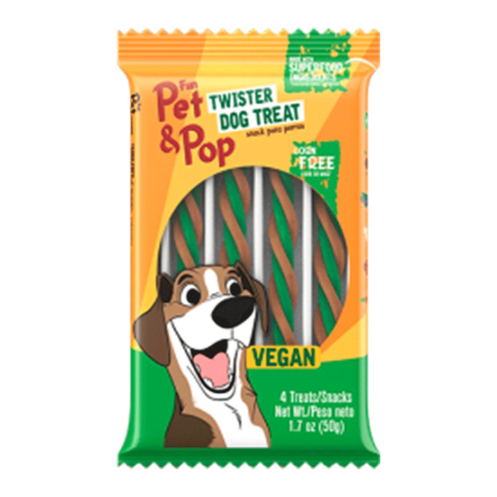 Empaque amarillo con detalles verdes de Fun Pet & Pop Twister Vegan snacks saludables para perros con alergia a la proteína animal