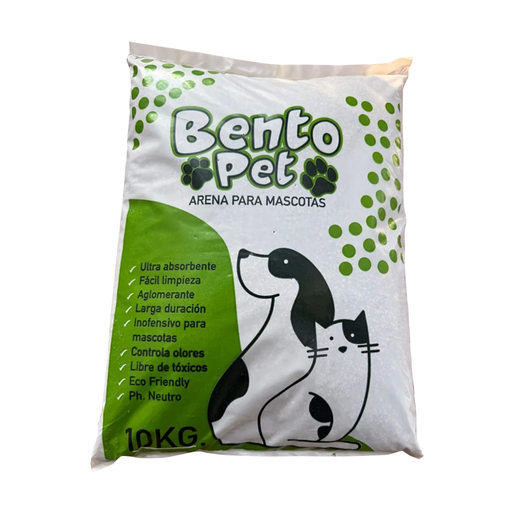 Bolsa blanca con detalles verde de arena sanitaria Bento Pet para gatos sin aroma en su presentación de 20 kg