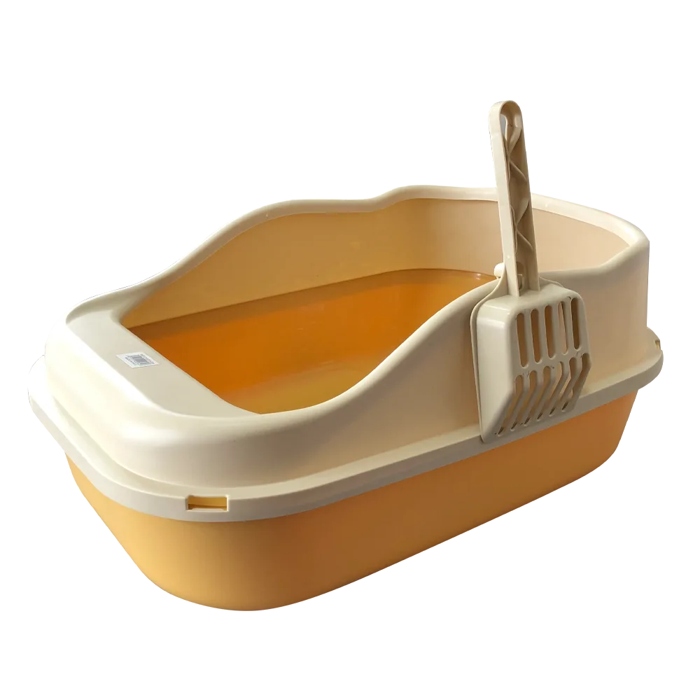 Bandeja Sanitaria para gatos de talla mediana y grande, es de color rosa y tiene un borde elevado en todo el perímetro, es de color gris. Viene con una pala gris que está colocada en uno de los bordes.