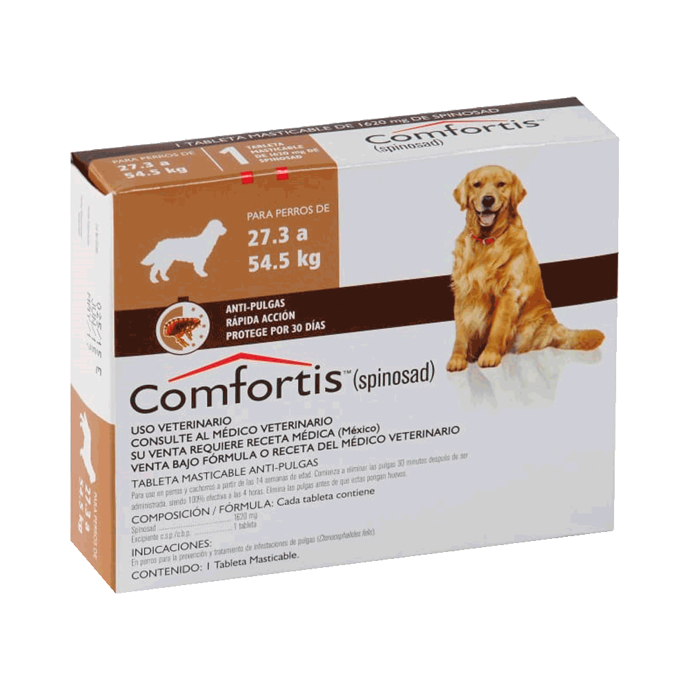 Caja blanca con detalles marrones y naranjas de Comforits Perros 27,3 a 54,5 Kg de antipulgas para perros grandes y gigantes 