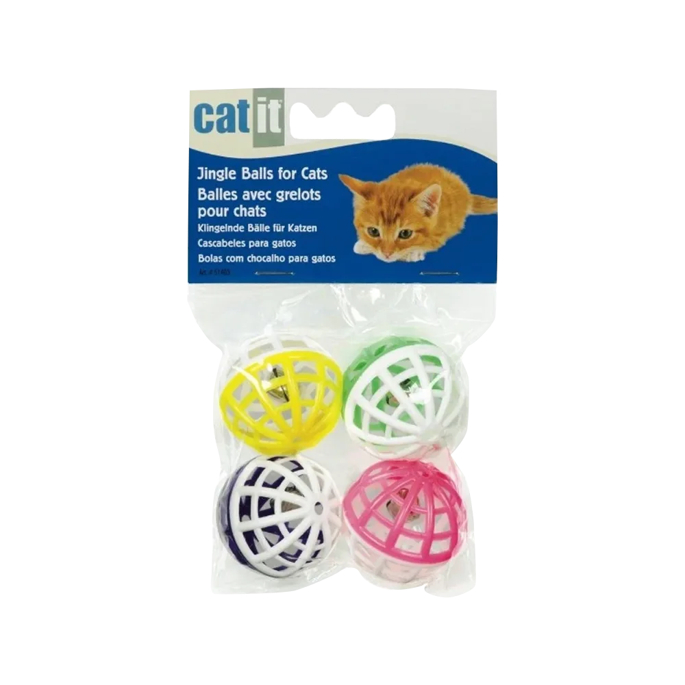 Pack de 4 Pelotas con Cascabel Catit para gatos. Vienen en colores morado, rosa, amarillo y verde combinados con blanco y contienen un cascabel adentro.