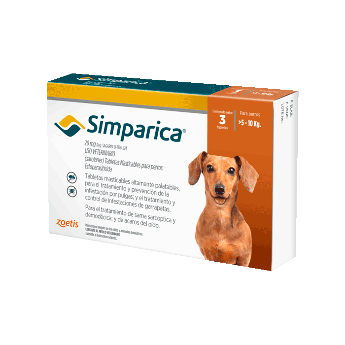 Empaque de Simparica Perros 5 a 10kg de colores blanco con detalles naranjas y verdes
