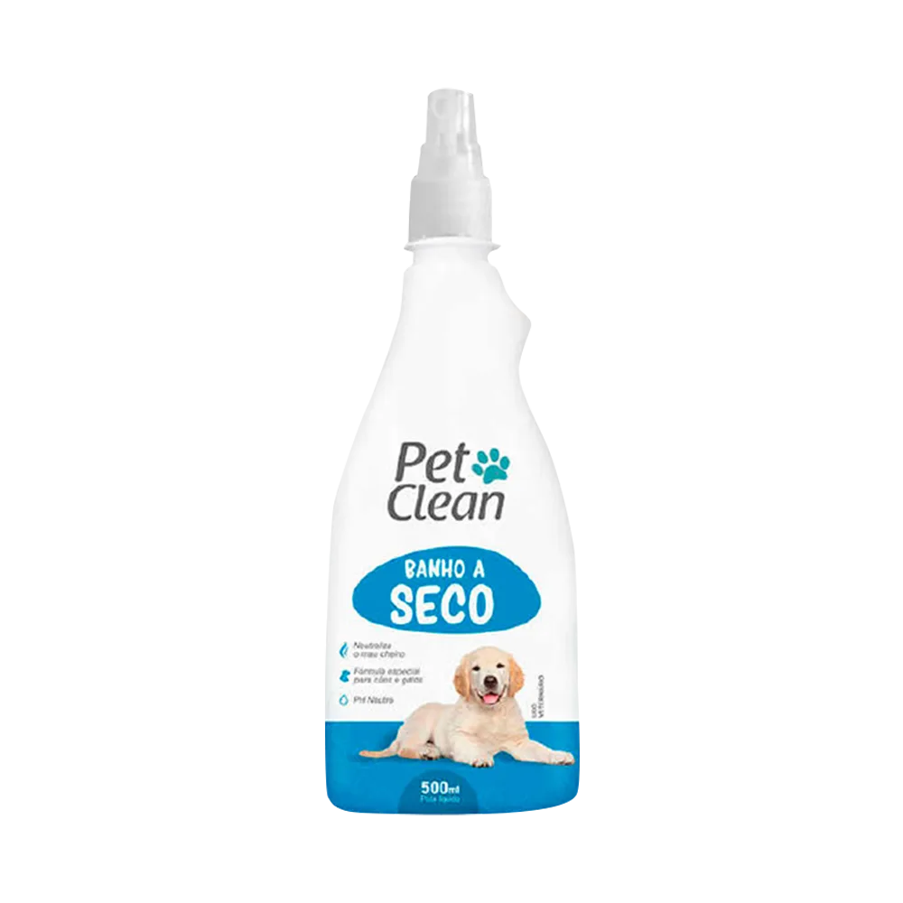Imagen de Baño Seco de Pet Clean, es un frasco con atomizador de color blanco con detalles celestes y un labrador en la portada.