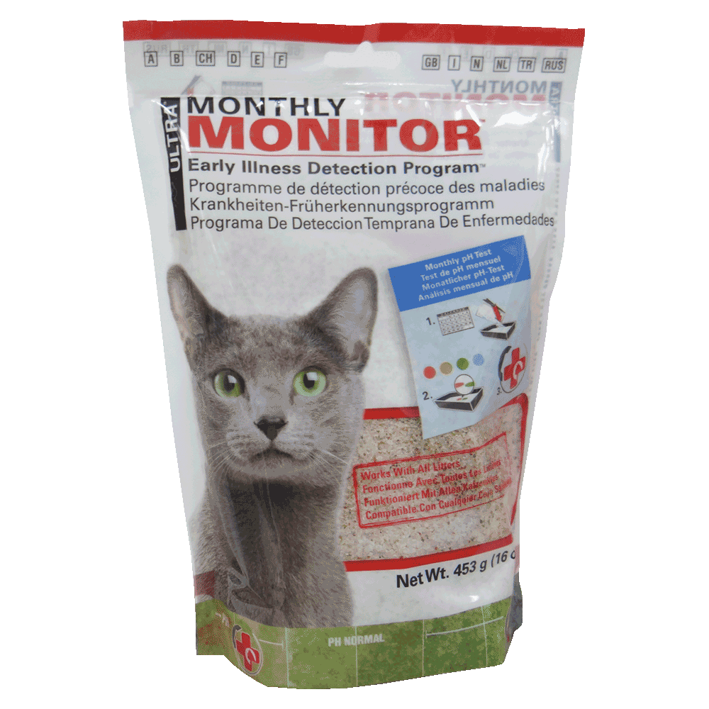 Bolsa blanca con detalles rojos y verdes de Ultra Monthly Monitor cristales de diagnóstico de pH de orina para gatos