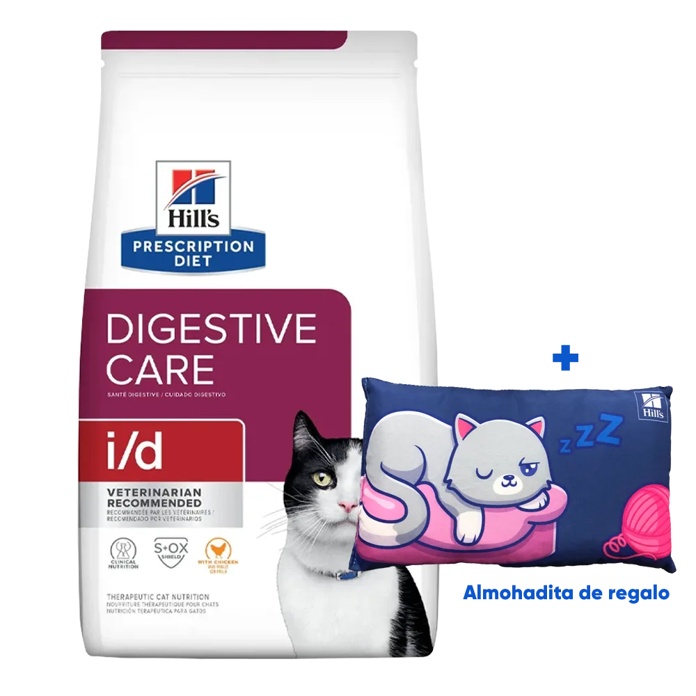 Bolsa blanca con detalles guindos y un gato blanco con negro en la portada, es el alimento Hill's Prescription Diet Feline i/d Digestive Care, un alimento para gatos adultos con problemas digestivos