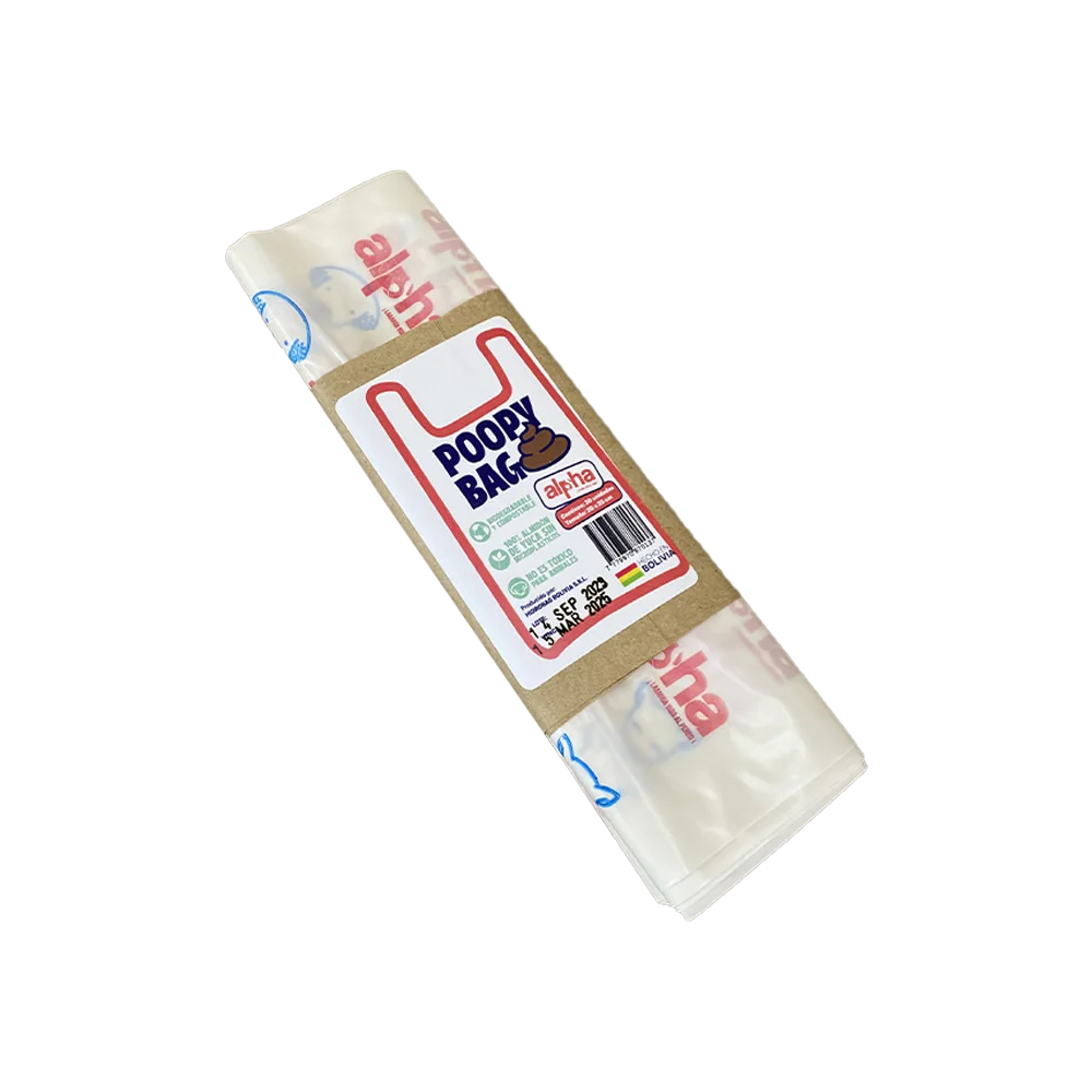 Empaque de bolsas Poopy Bags de Alpha Canino, son bolsas blancas con un patrón rojo y azul, la etiqueta es color blanco y dice "Poopy Bags" en la parte frontal