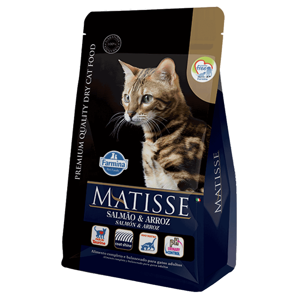 Bolsa negra con detalles dorados de alimento Farmina Matisse Salmón y Arroz para gatos adultos