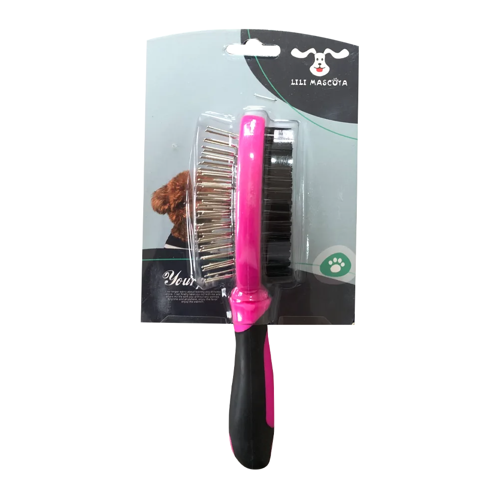 Cepillo Doble Cara color negro con mango fuccia, tiene cerdas suaves color negras de un lado y cerdas duras del otro extremo.