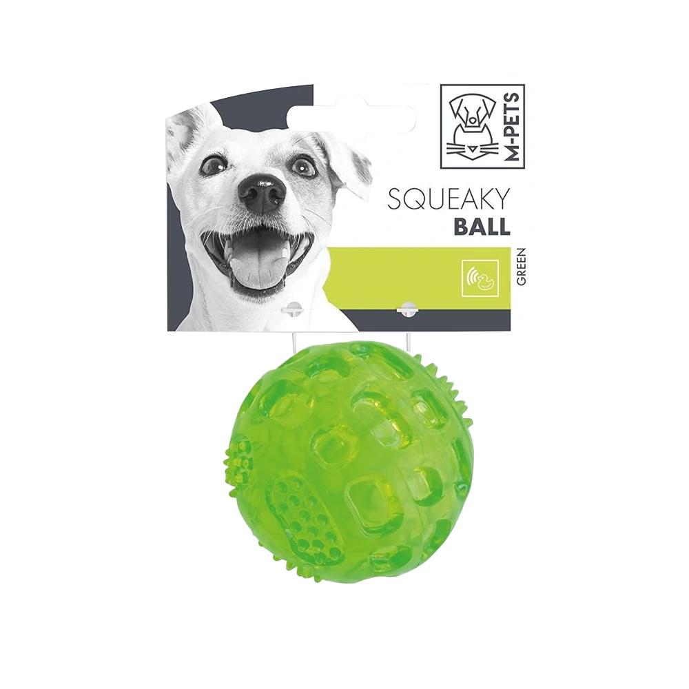 Juguete para perros Pelota Para Perros Squeaky Talla S en su presentación color verde, es de goma termoplástica y al presionarla chilla.