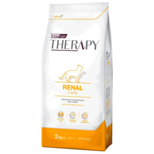 Bolsa de alimento terapéutico para gatos Vitalcan Therapy Renal Care, diseñada para el cuidado renal, en empaque de 2 kg con colores blanco y naranja.