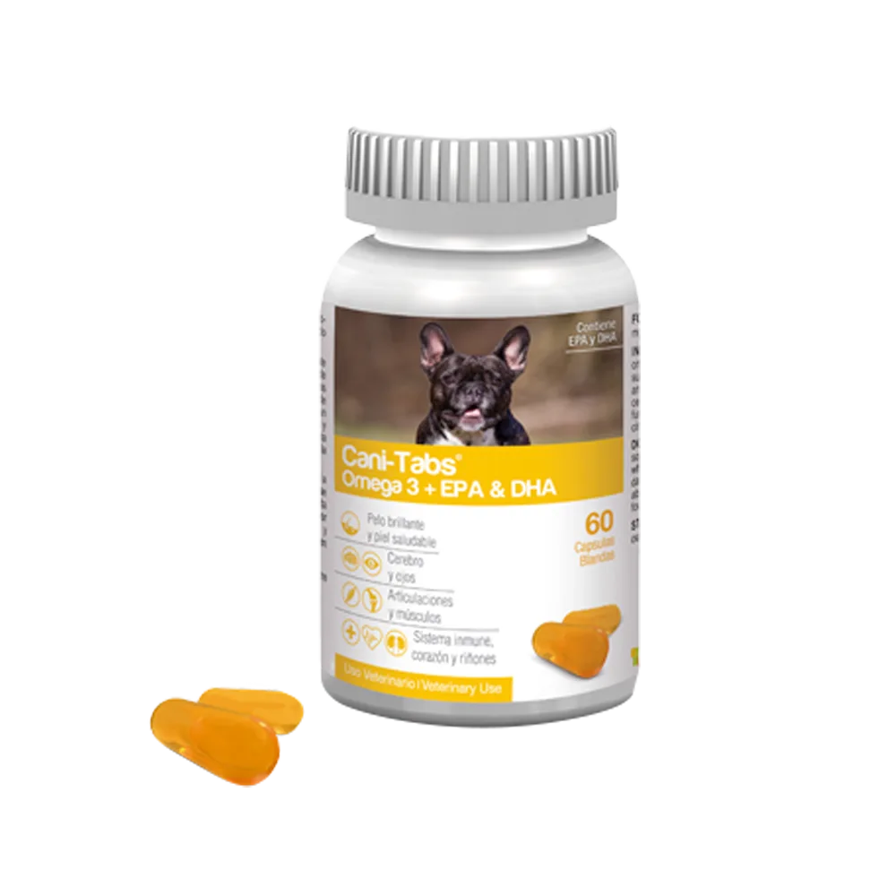 Imagen de Cani-Tabs Omega 3 EPA & DHA, es un frasco blanco con detalles amarillos y un perro bulldog francés en la portada, tiene un par de cápsulas amarilla a lado del frasco.