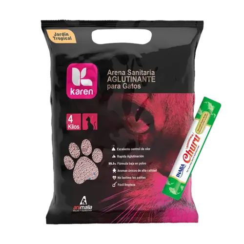Bolsa negra con detalles rosados y la silueta de un gato en la parte derecha inferior en el mismo color, es la Arena Sanitaria Karen para gatos en aroma Jardín Tropical 