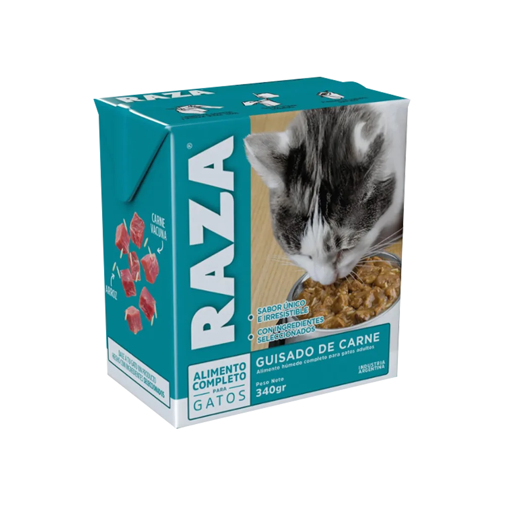 Empaque Tetrapack color celeste verde, con un gato en la portada comiendo un plato de comida. Es el alimento húmedo Raza Guisado de Carne para Gatos