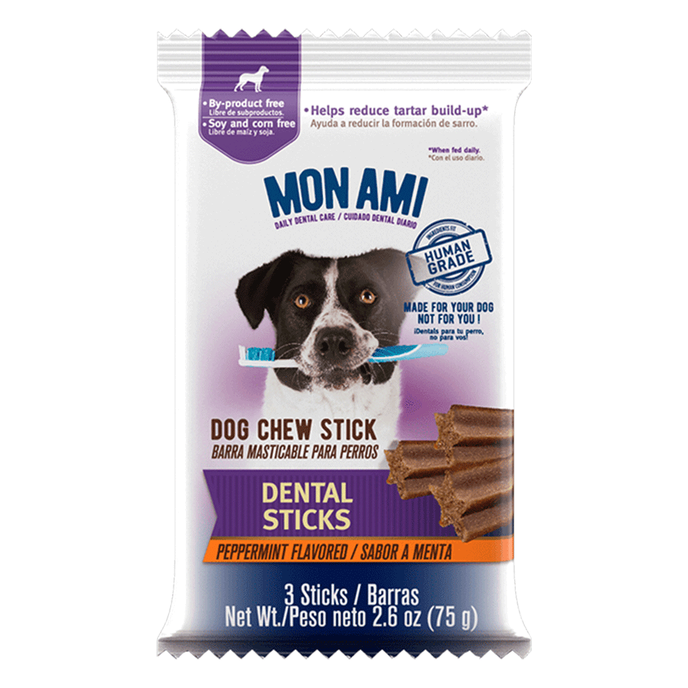 Bolsa blanca con detalles púrpura de Mon Ami Dental Sticks barras masticables para la salud dental de perros